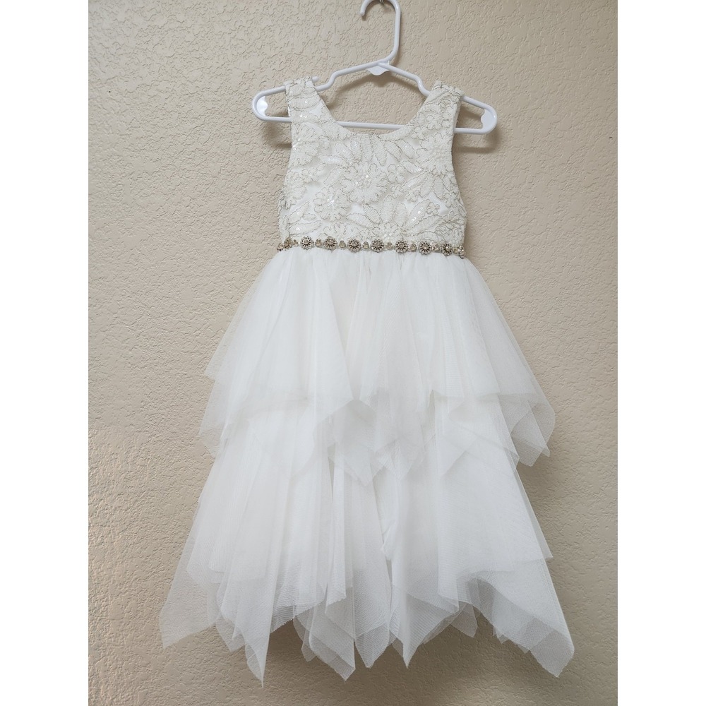 American Princess 4T White Gold Dress Wedding Baptism Flower Girl Tulle Easter